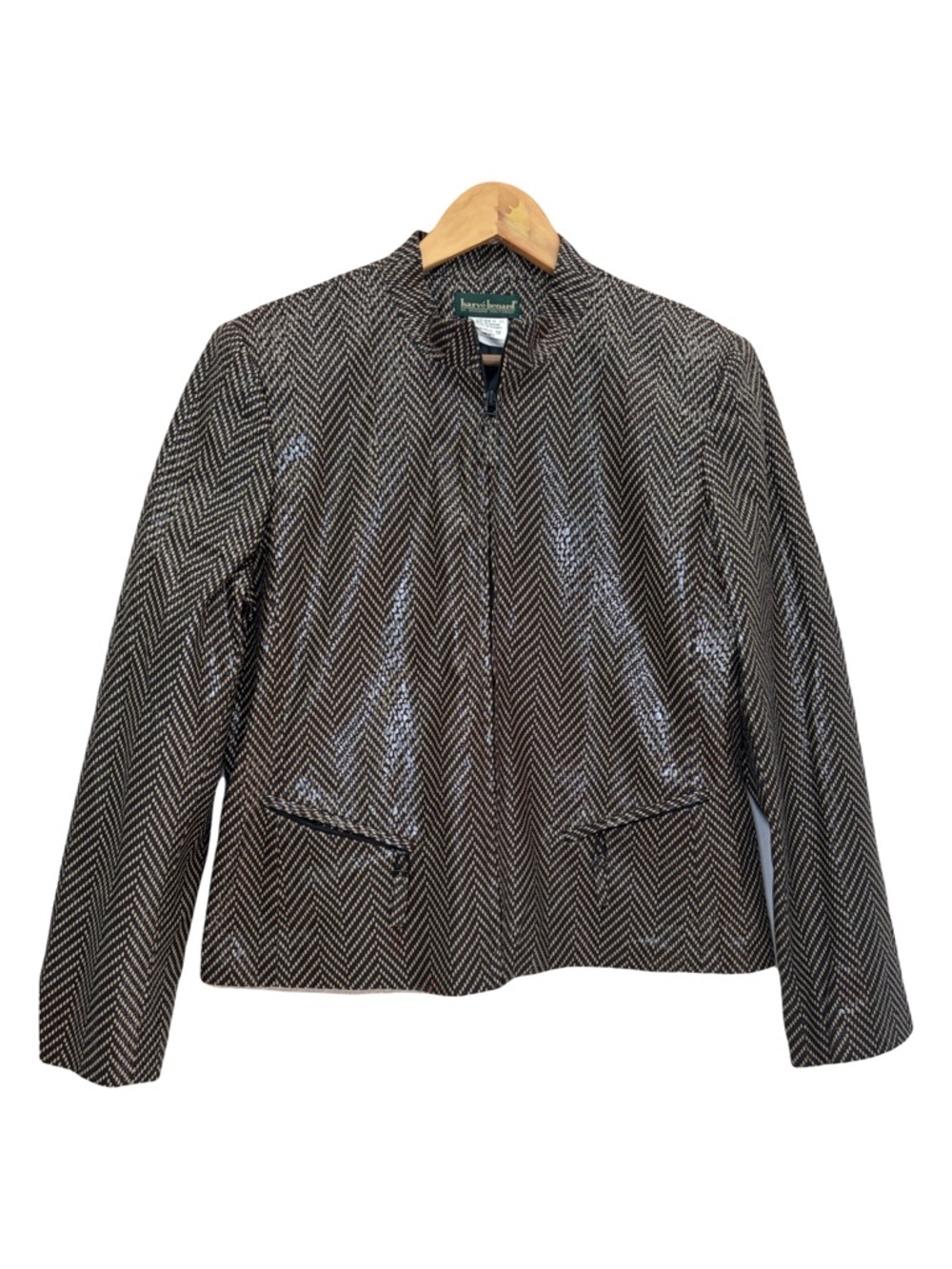 Harve Benard Faux Leather Blazer Black Tan Chevron Jacket Cropped Moto Chic Luxe